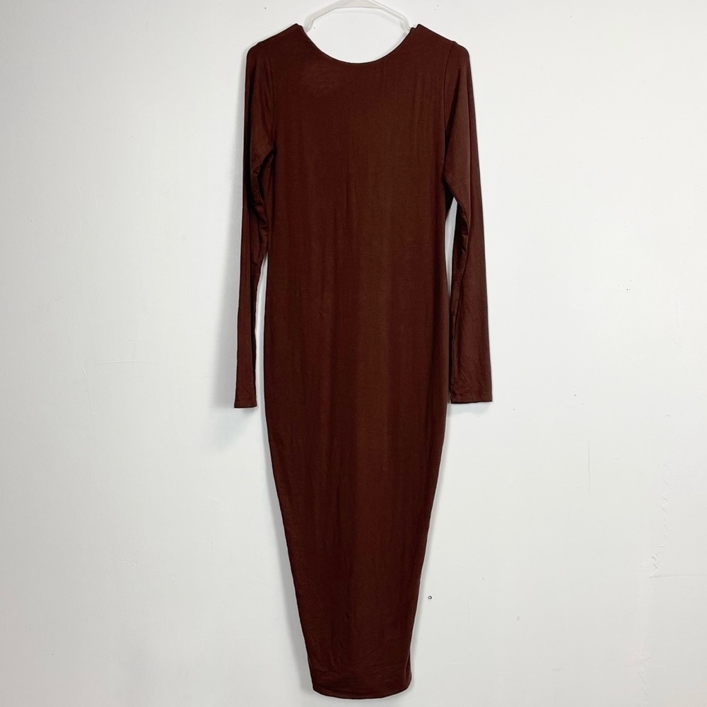 Naked Wardrobe Midi Dress Womens XL Brown V Back Stretch Long Sleeve NWT